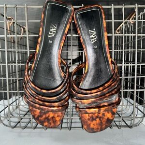 Zara Tortoiseshell Multi-Strap Square-Toe Slide Sandals - Brown/Black